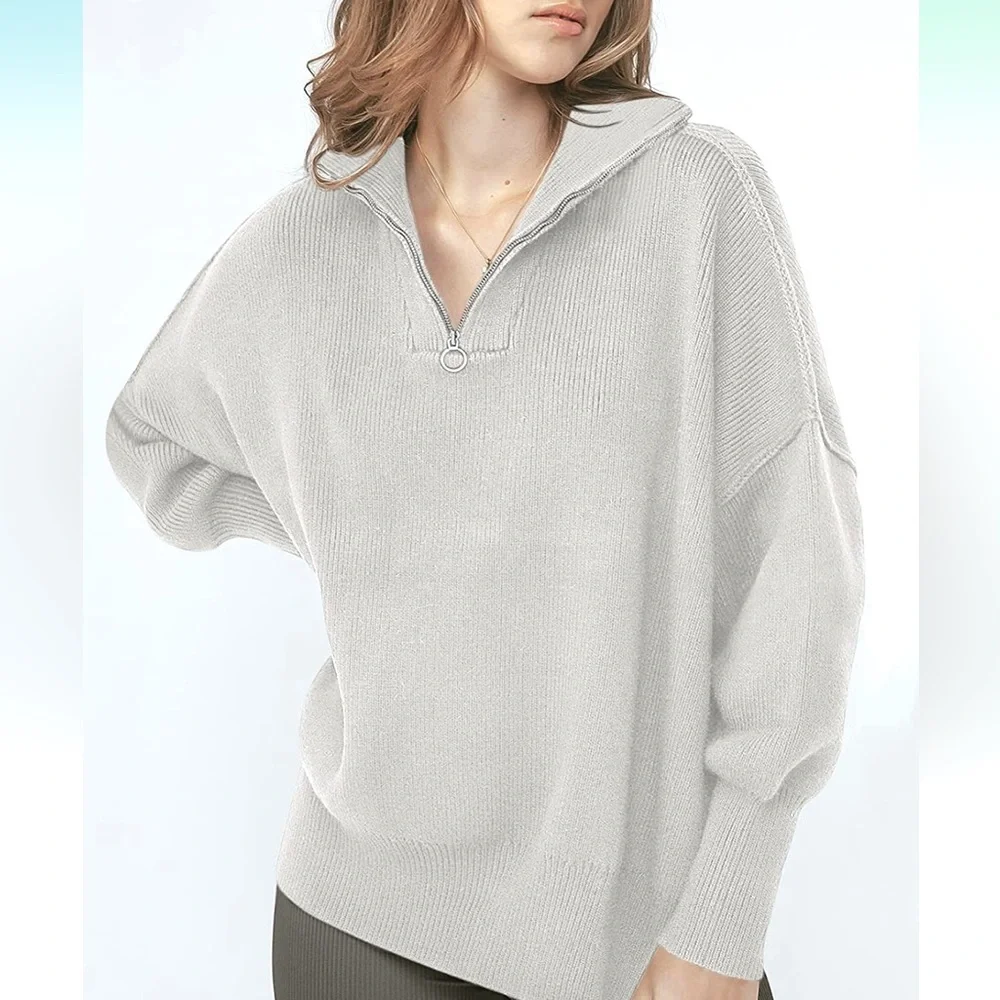 Long Sleeve 1/4 Zipper Collar Drop Shoulder Oversized Slouchy Sweater with Slit - Picture 1 of 8